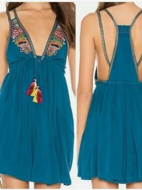 Free People Teal Embroidered Backless Tassel Sundress “Lovers Cove” dress